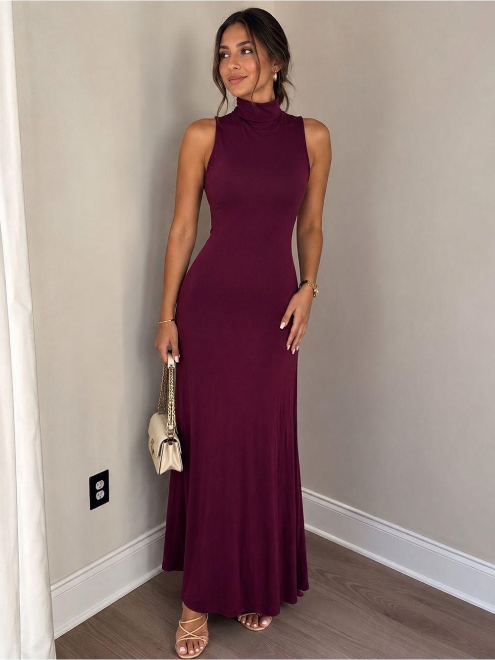 a new. Day Sleeveless Mock Neck Maxi Dress in Deep Plum
